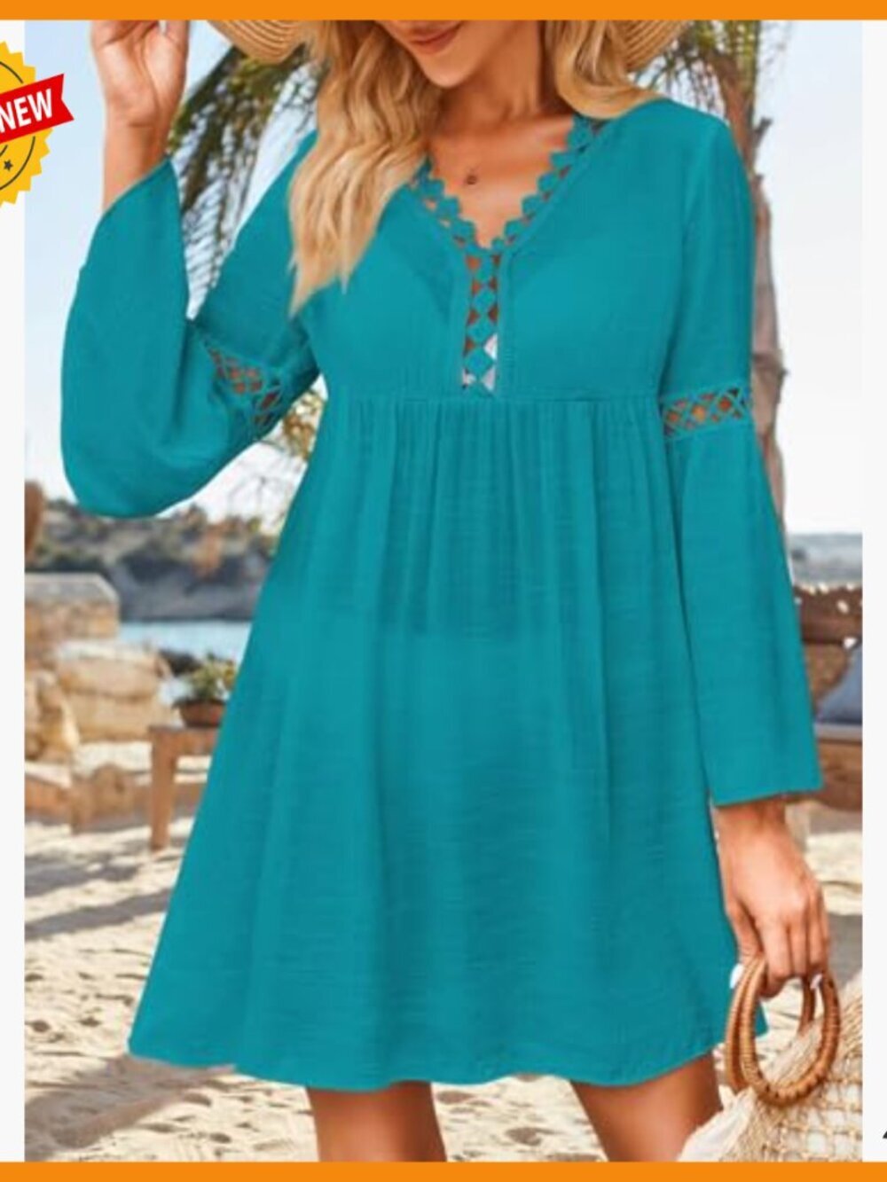 Women's Long Bell Sleeve Lace Coverup Loose Fit V Neck Swimwear - Picture 5 of 7
